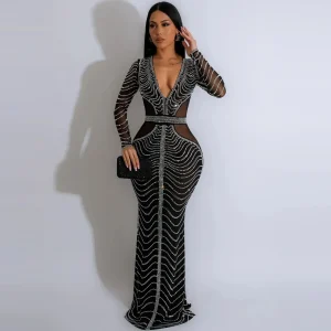 Women Fashion Sexy Deep V Mesh Hot Drilling Long Sleeve Maxi Party Dress