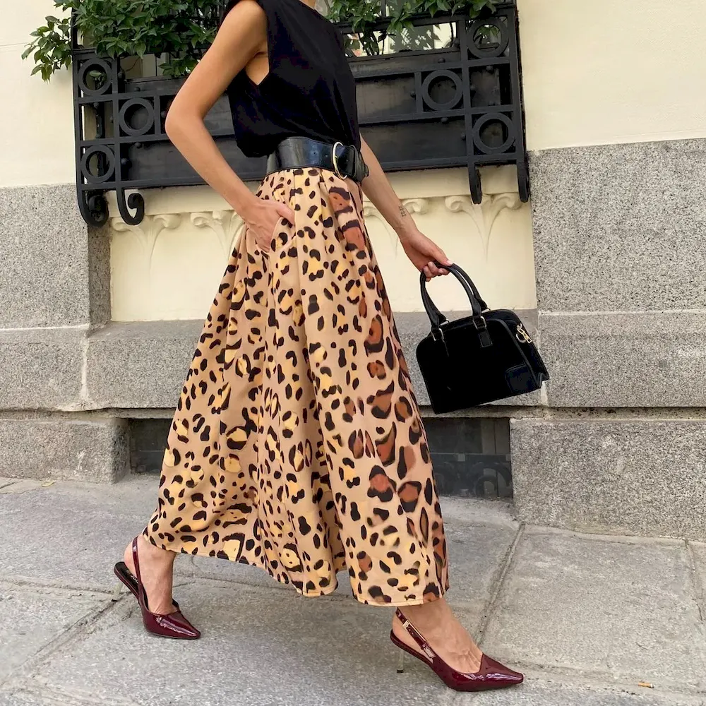 Women Fashion Leopard Print Elegant Large Swing Skirt