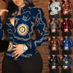 Women Fashion Loose Chain Snake Print V-Neck Button Long Sleeve Shirt