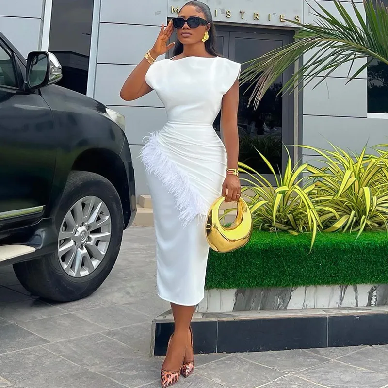 Women Fashion Elegant Solid Color Short-Sleeved Pleated Ruffled Slim-Fit Dress - Image 2