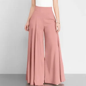 Women Fashion Casual Solid Color High Waist Wide Leg Thin Pants