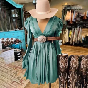 Women Fashion Elegant Western V-Neck Long Bubble Sleeve Pleated Dress