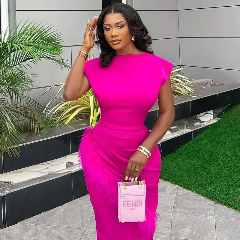 Women Fashion Elegant Solid Color Short-Sleeved Pleated Ruffled Slim-Fit Dress - Image 3