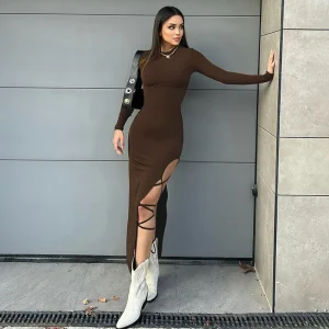Women Fashion Sexy Solid Color Crewneck Long Sleeve Split Strap Dress