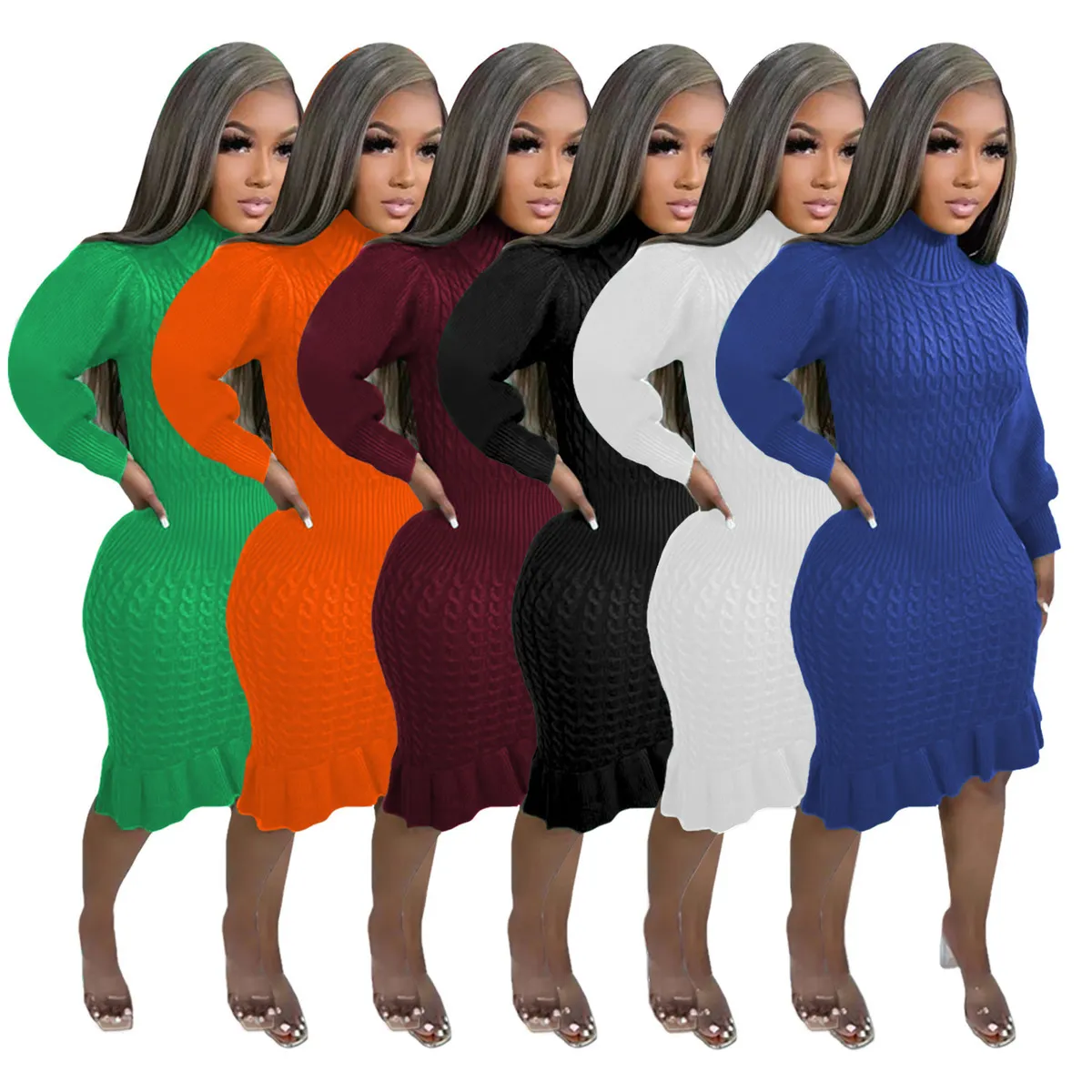 Women Fashion Solid Color Ruffled Crewneck Long Sleeve Knitted Dress - Image 2