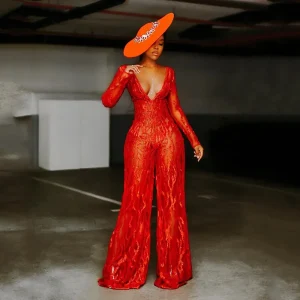 Women Sexy Deep V-Neck Perspective Sequins Lace Long Sleeve Jumpsuit