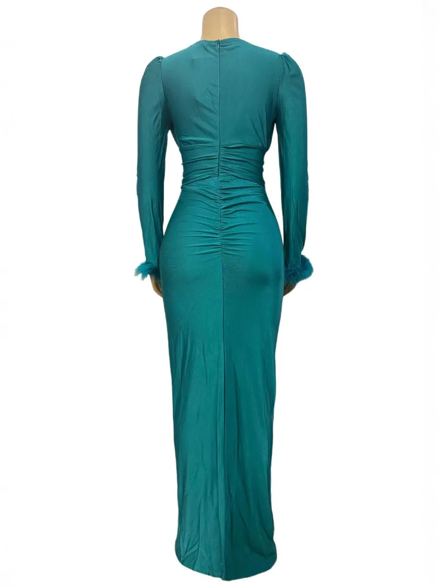 Women Fashion Elegant Pleated Solid Color Plush Long Sleeve Split Dress - Image 2