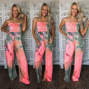 Women Fashion Loose Tie-Dye Printed Sling Jumpsuit