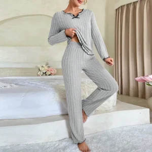 Women Casual Solid Color Wood-Ear Pajamas Longewear Two-Piece Set