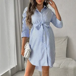 Pregnant Woman Fashion Casual Stripe Lapel Long-Sleeve Single Breasted Dress