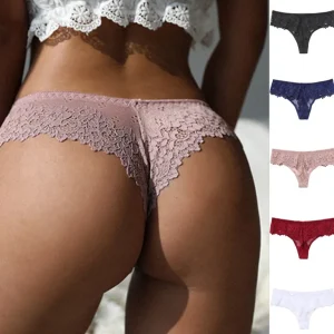 Women Sexy Solid Color Lace Low Waist Hollow-Out Perspective Thong