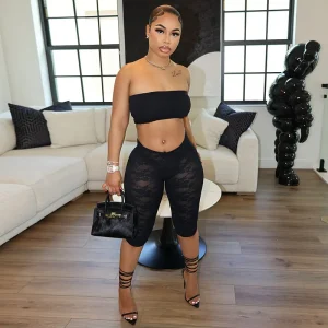 Women Fashion Sexy Solid Color Tube Top Lace Tight Pants Two-Piece Set