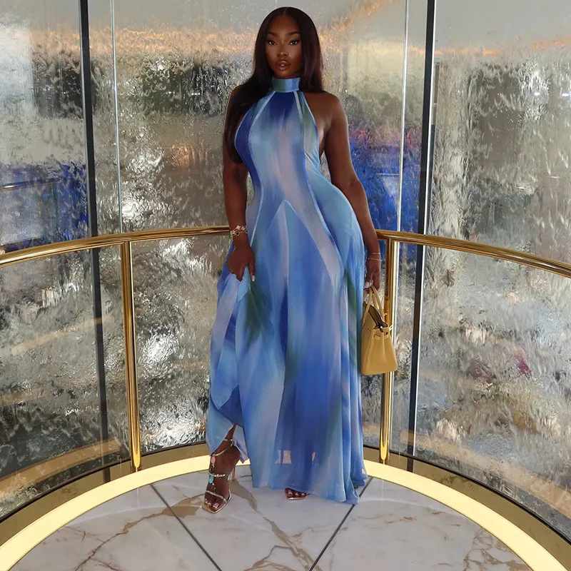 Elegant Women Printed Gradient Halter Neck Slim Fit Maxi Dress - Image 2