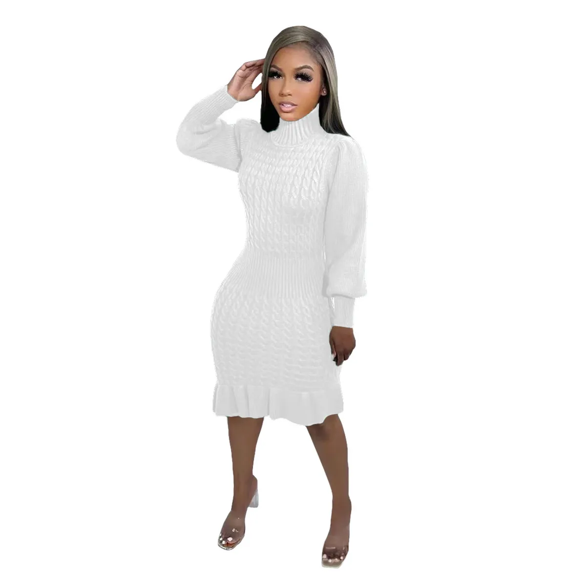 Women Fashion Solid Color Ruffled Crewneck Long Sleeve Knitted Dress - Image 6