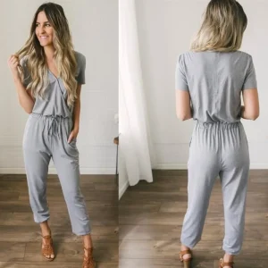 Women Casual Simple Solid Color Waist Drawstring Jumpsuits