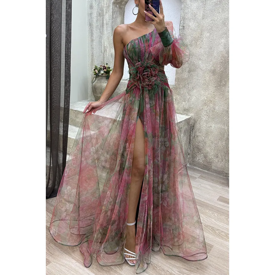Women Fashion Slant Shoulder Split Mesh Maxi Dress - Image 2