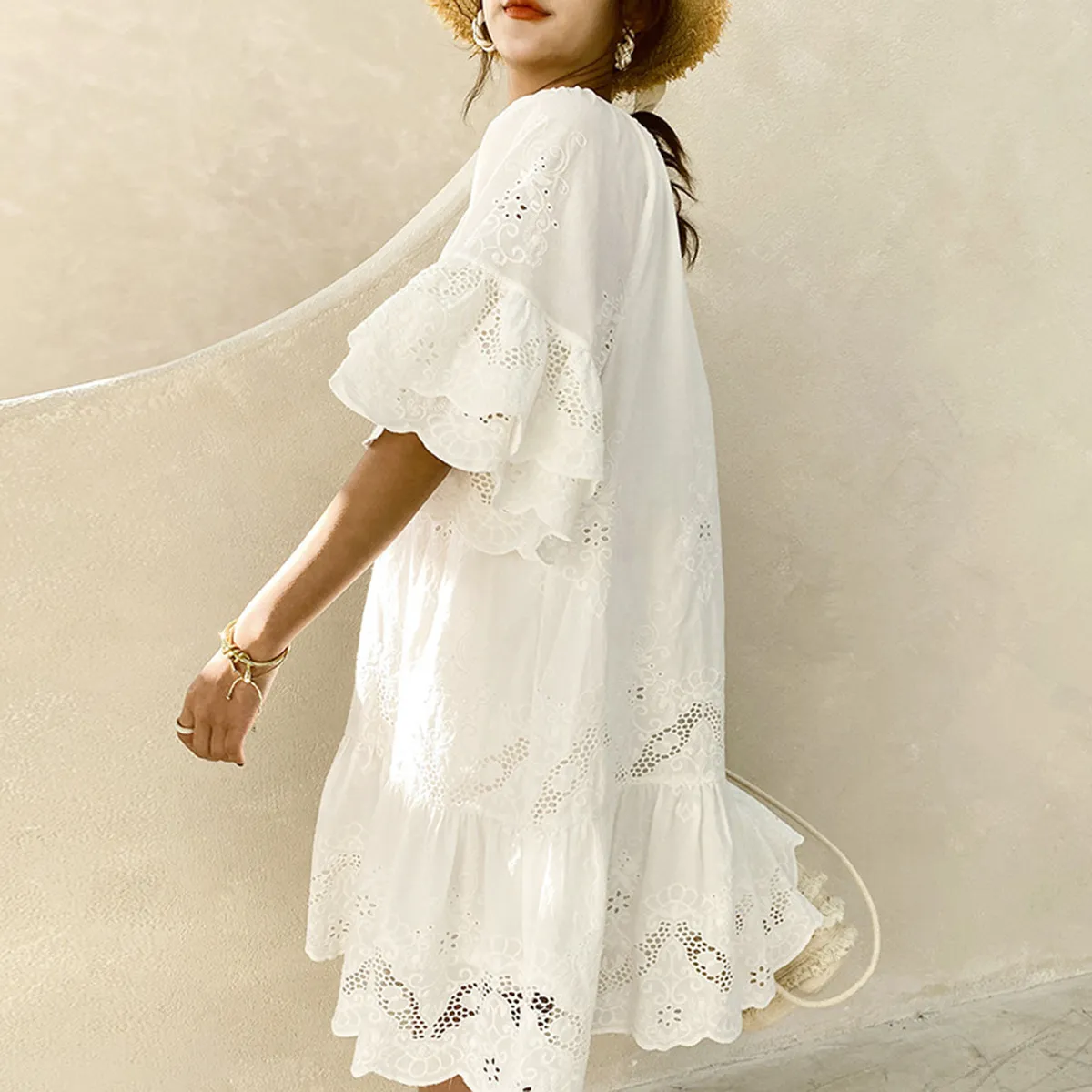 Women Casual Solid Color Hollow Cotton Loose Dress - Image 3