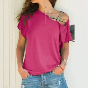 Women Fashion Casual Irregular Solid Color Cross Strap Short-Sleeve T-Shirt