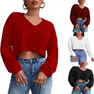 Autumn Winter Women Fashion Solid Color V-Neck Long Sleeve Crop Knitted Top