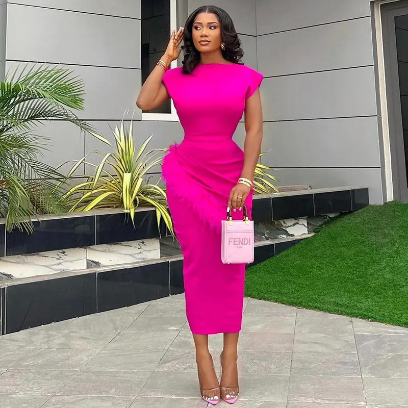 Women Fashion Elegant Solid Color Short-Sleeved Pleated Ruffled Slim-Fit Dress