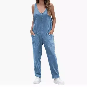 Women Fashion Casual Sleeveless Loose Denim Jumpsuit