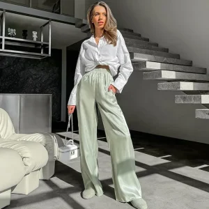 Women Casual Solid Color High Waist Straight Pants