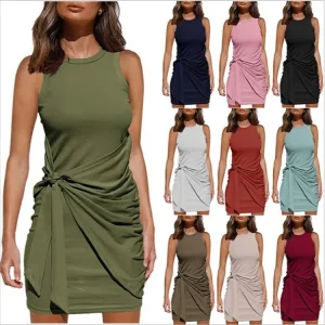 Women Casual Solid Color Sleeveless Dress