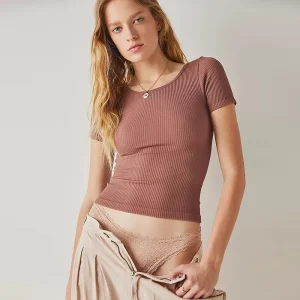 Women Solid Color Rib-Knit Cotton Comfortable Round Neck Short-Sleeved T-Shirt