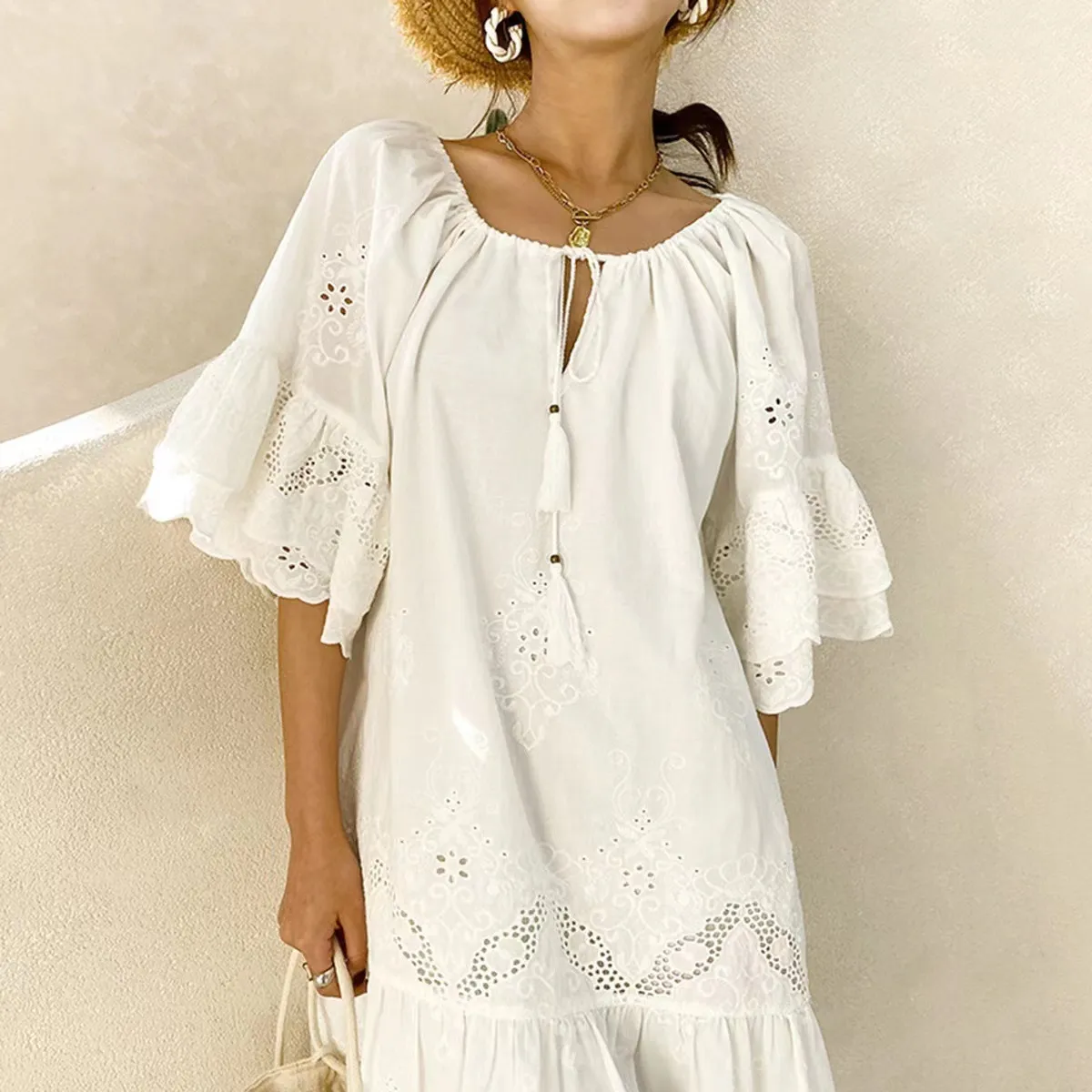 Women Casual Solid Color Hollow Cotton Loose Dress - Image 2