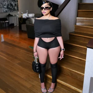 Women Sexy Off-Shoulder Lapel Top Tight Shorts Calf Socks Three-Piece Set