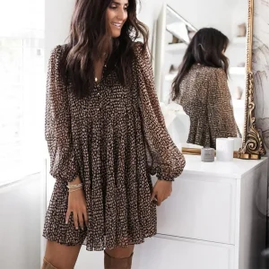Women Fashion Casual Leopard Printed Lantern Sleeve V-Neck Large Swing Dress