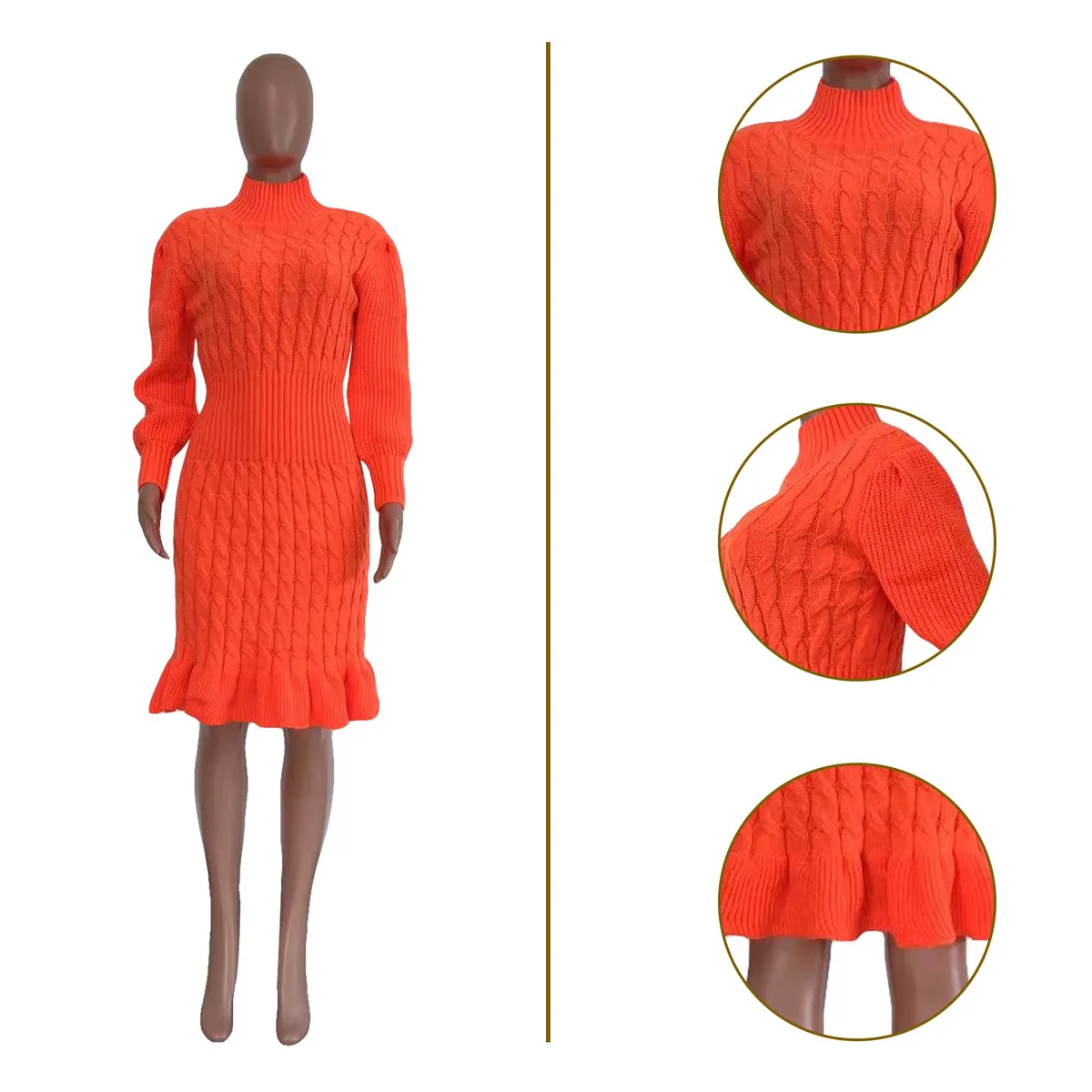 Women Fashion Solid Color Ruffled Crewneck Long Sleeve Knitted Dress - Image 5