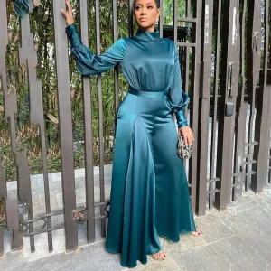 Women Fashion Plus Size Solid Color High Waist Stomp Satin Fabric Long Sleeve Wide Leg Jumpsuits