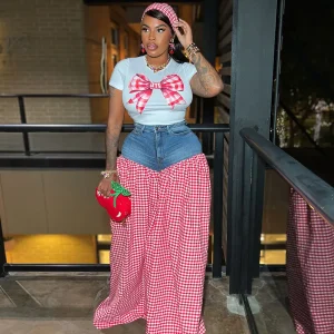 Women Fashion Sweet Pink Bow T-Shirt Patchwork Plaid Denim Pants Set