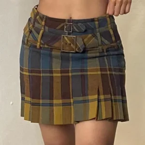 Women Edgy Zipper Plaid Vintage A-Line Color Blocking Pleated Plaid Skirt