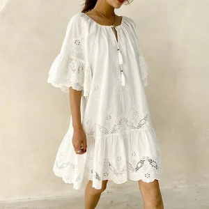 Women Casual Solid Color Hollow Cotton Loose Dress