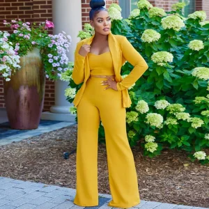 Office Chic Women Solid Color Blazer Crop Top Pants Three-Piece Set