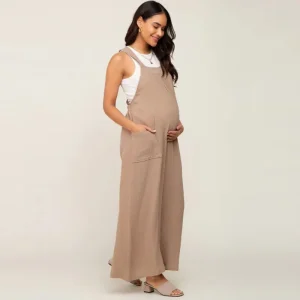 Fashion Beige Wide Leg Lace-Up Maternity Jumpsuits
