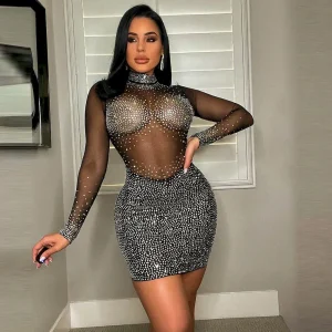 Women Fashion Sexy Mesh Long Sleeve Hot Drilling Dress