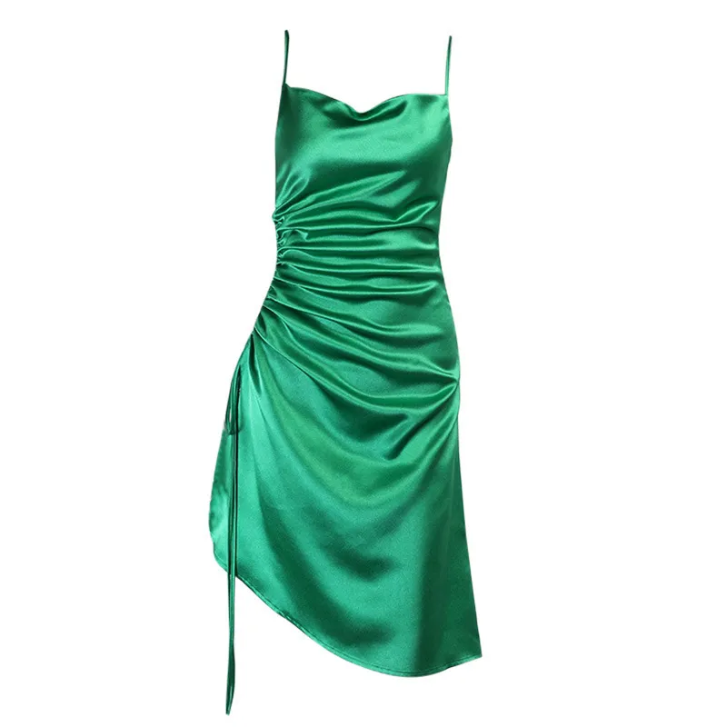 Women Fashion Sexy Solid Color Satin Pleated Spaghetti Strap Split Slim-Fit Dress - Image 4