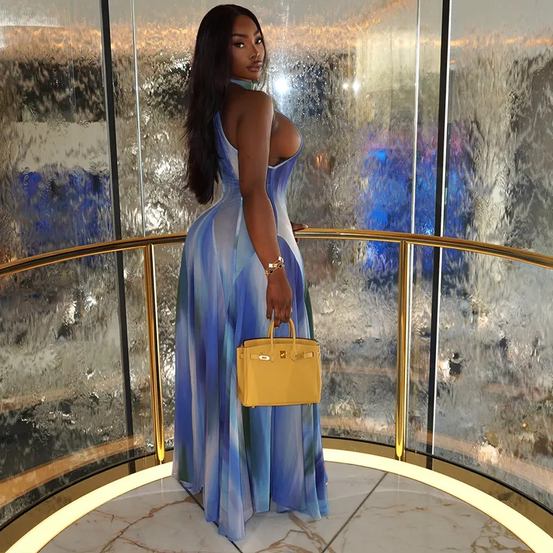 Elegant Women Printed Gradient Halter Neck Slim Fit Maxi Dress - Image 3
