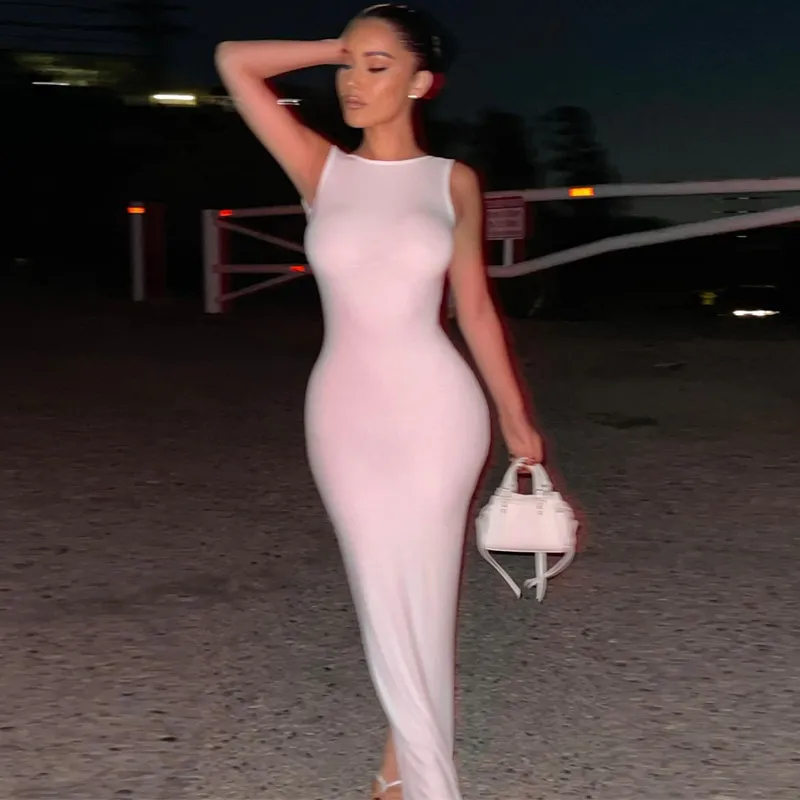 Women Sexy Night Out Round Neck Sleeveless Backless Side-slit Bodycon Dress - Image 2