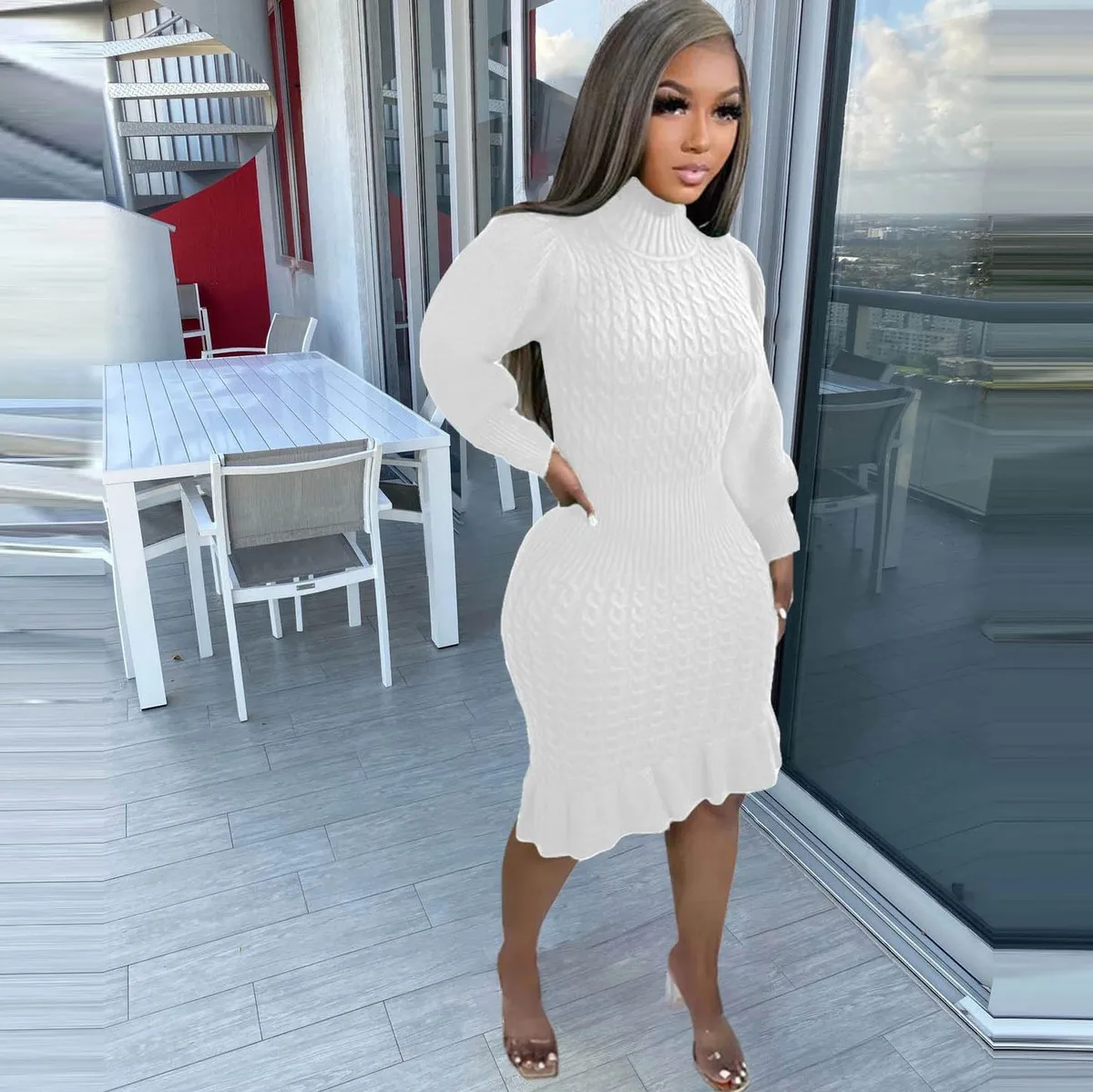 Women Fashion Solid Color Ruffled Crewneck Long Sleeve Knitted Dress