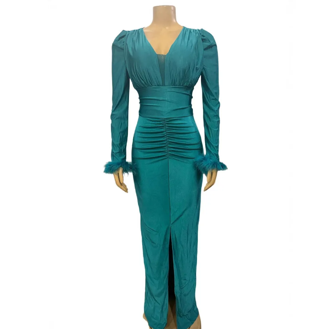 Women Fashion Elegant Pleated Solid Color Plush Long Sleeve Split Dress