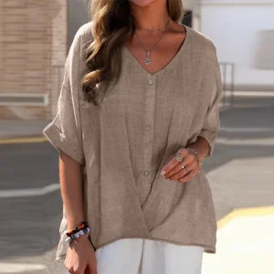 Women Casual Cotton And Linen Solid Color V-Neck Single-Breasted Blouses