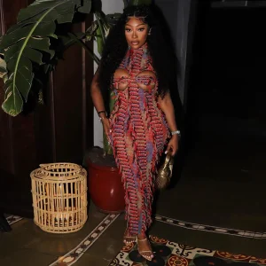 Women Fashion Sexy Tie-Dye Hollow Backless Sleeveless High Waist Slim Fit Dress