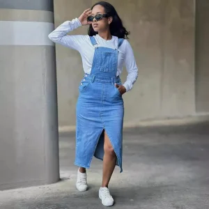 Women Fashion Large Pocket Split Denim Dress