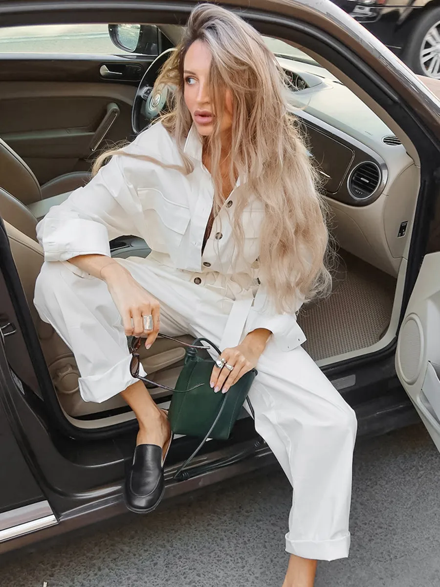 Women Fashion Solid Color Defined Waist Lace-Up Long Sleeve Cargo Jumpsuits - Image 4