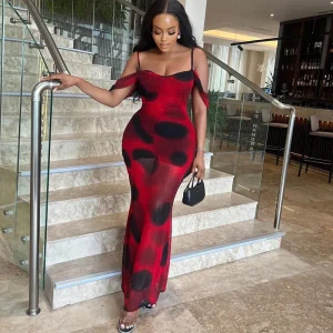 Women Sexy Sling Printed Bodycon Maxi Dress