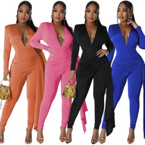 Women Solid Color Sexy Deep V-Neck Tight Long-Sleeved Jumpsuits